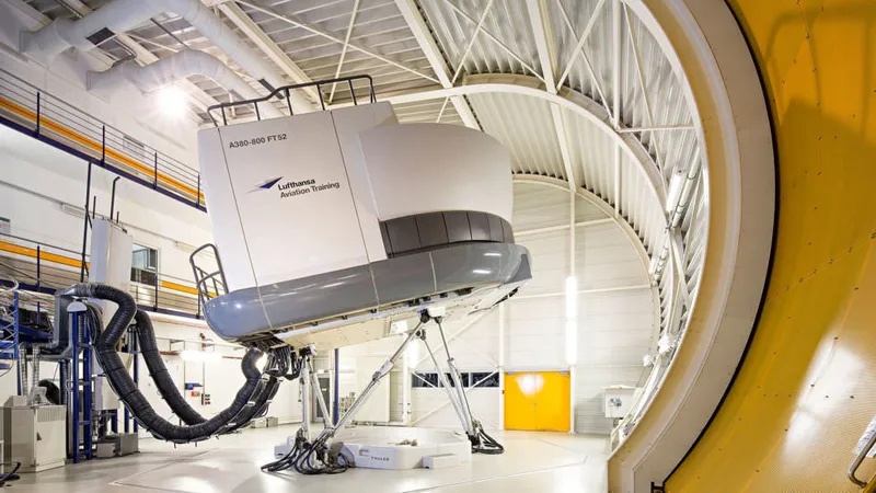 Full Flight Flugsimulator in Action Premiumliner Full Flight Flugsimulator von Lufthansa Aviation Training in Bewegung in der Halle Premiumliner