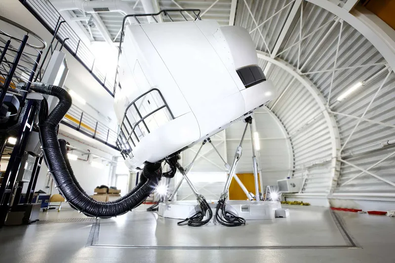 Full Flight Flugsimulator in Action Full Flight Flugsimulator von Lufthansa Aviation Training in Bewegung in der Halle